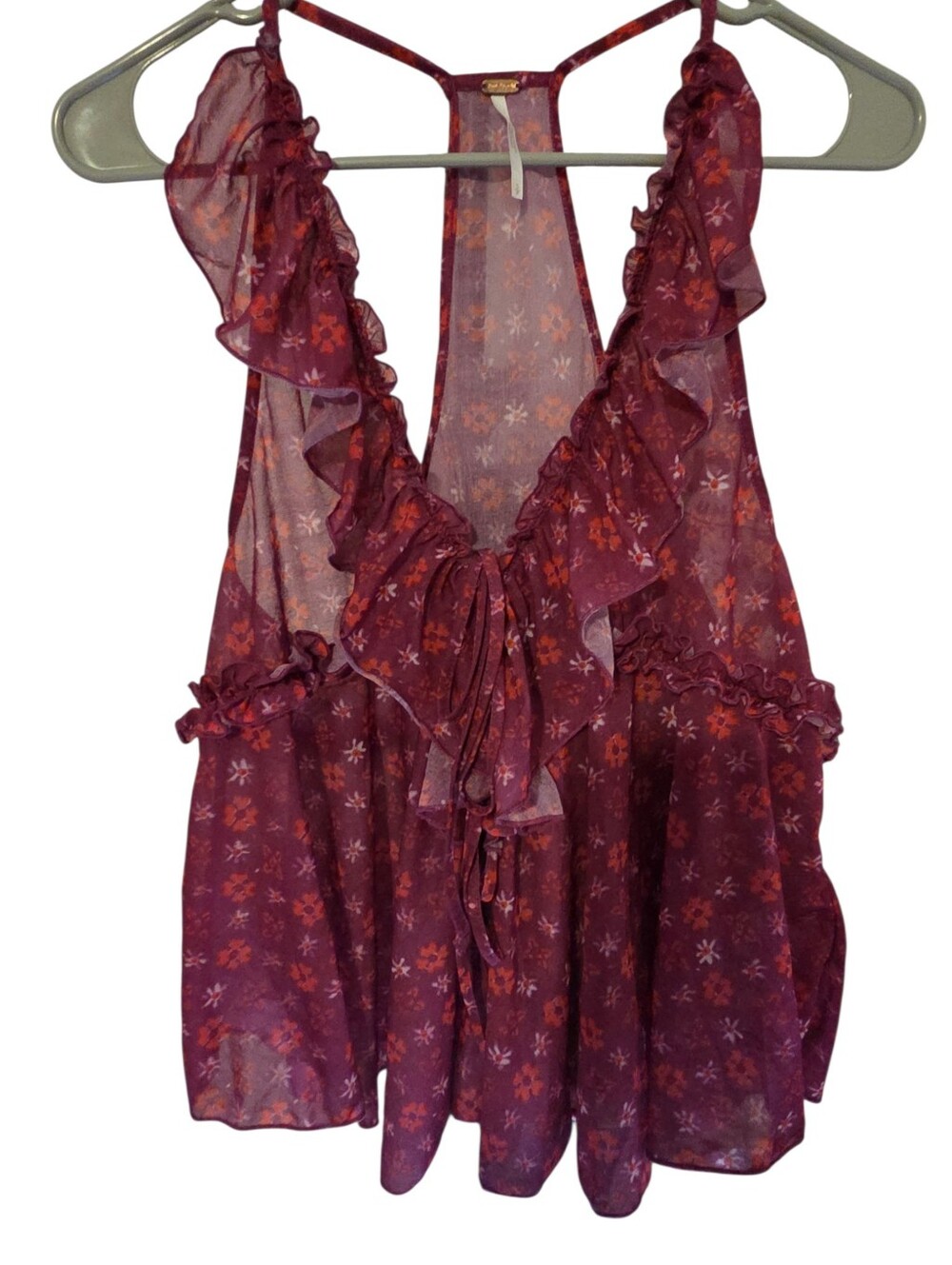 Free People Fearless Ruffle Racerback Tank Top Sz S Oversized Pink Floral Boho